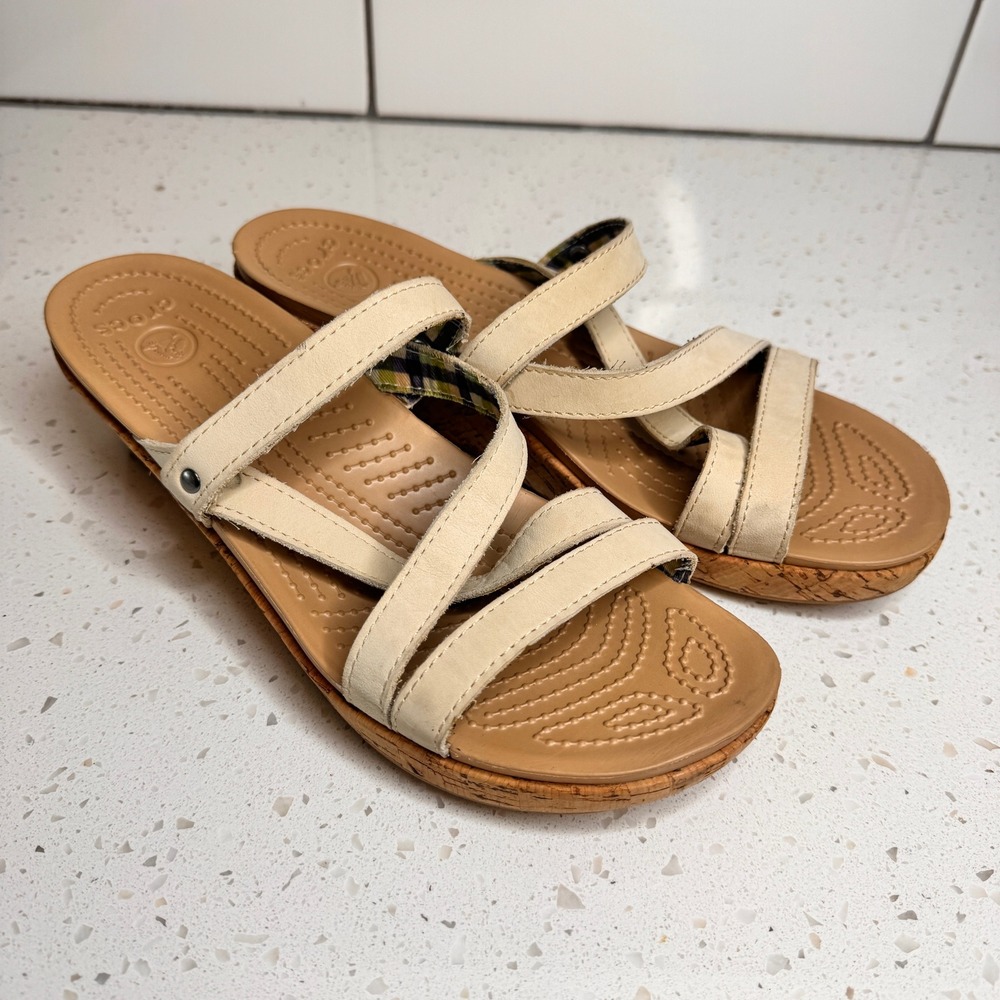 Crocs A-Leigh Mini Cream Strappy‎ Cork Wedge Sandals Size 10 Tan Slide